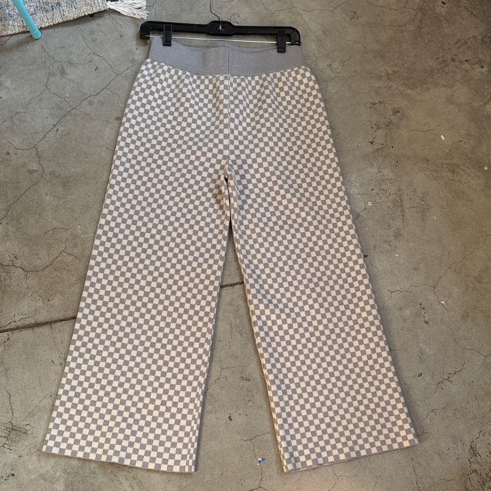 Rylee + Cru Beige and Gray Checker Wide Leg Pants